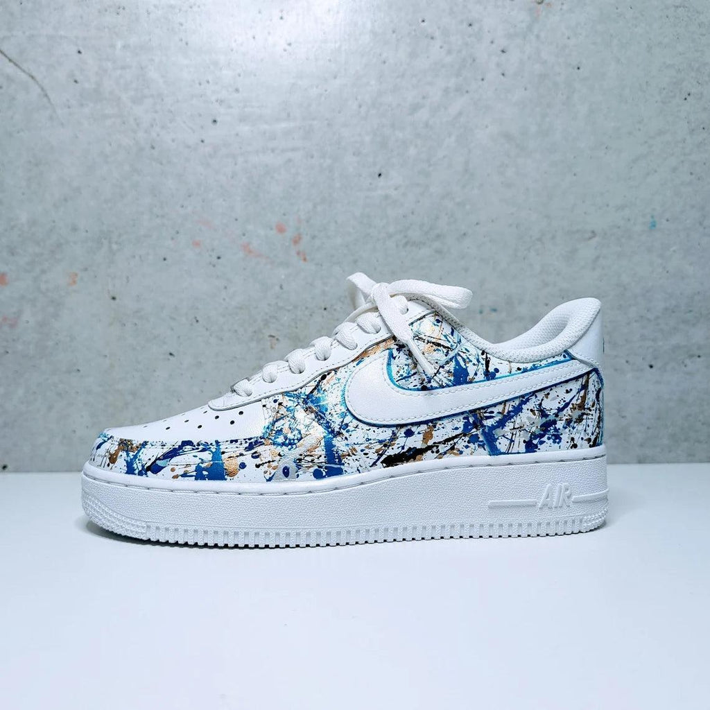 Custom Air Force 1 White Blue And Gold Splatter Pattern