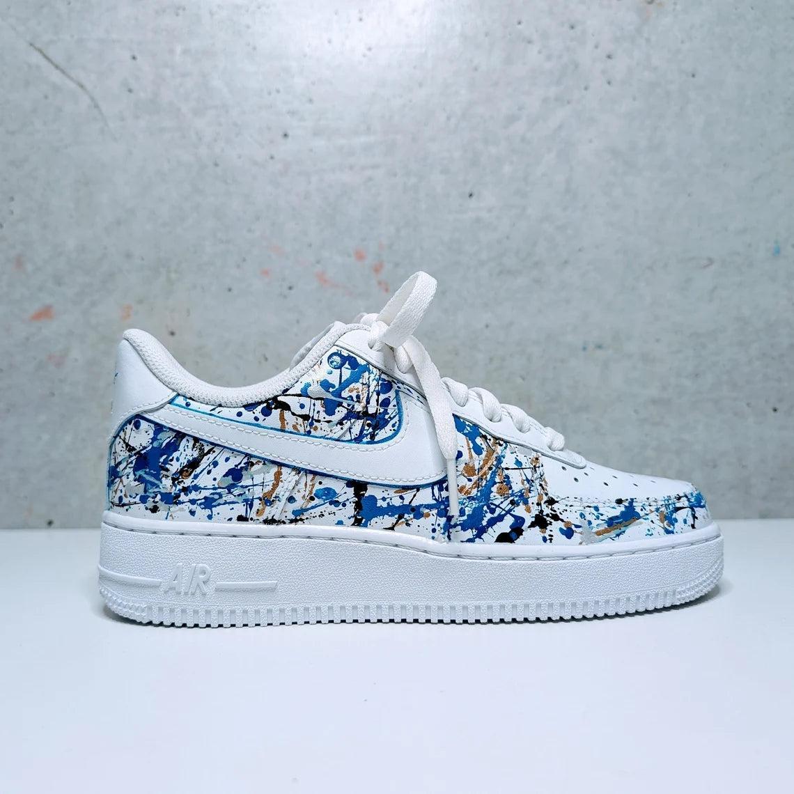 Custom Air Force 1 White Blue And Gold Splatter Pattern