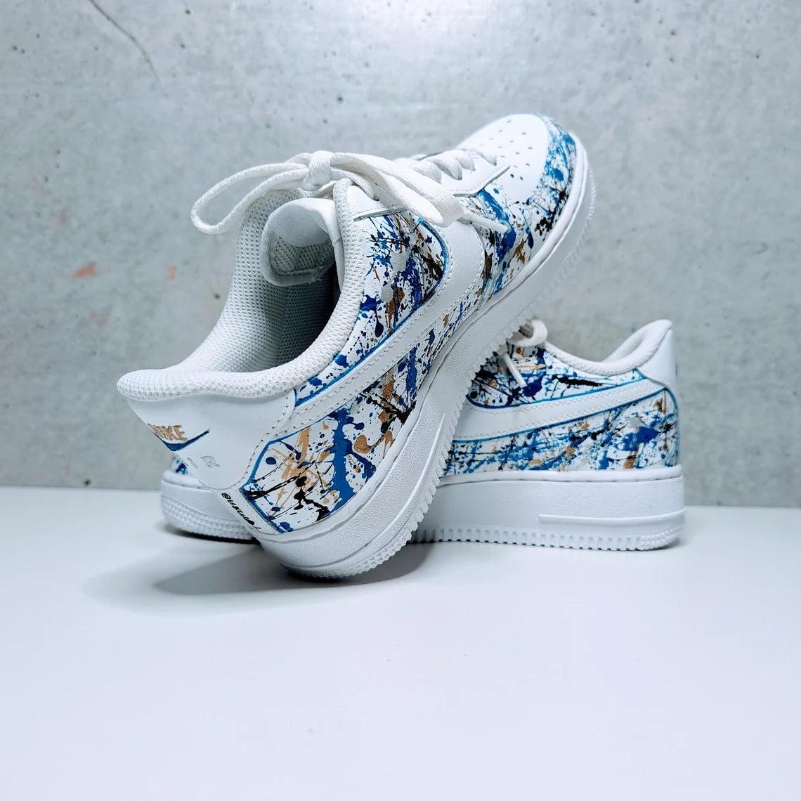 Custom Air Force 1 White Blue And Gold Splatter Pattern