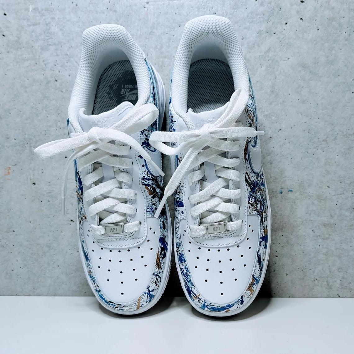 Custom Air Force 1 White Blue And Gold Splatter Pattern
