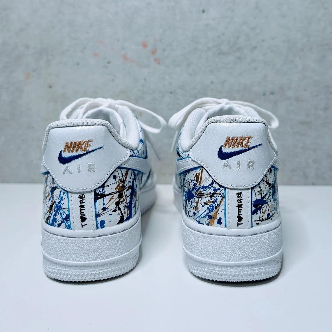 Custom Air Force 1 White Blue And Gold Splatter Pattern
