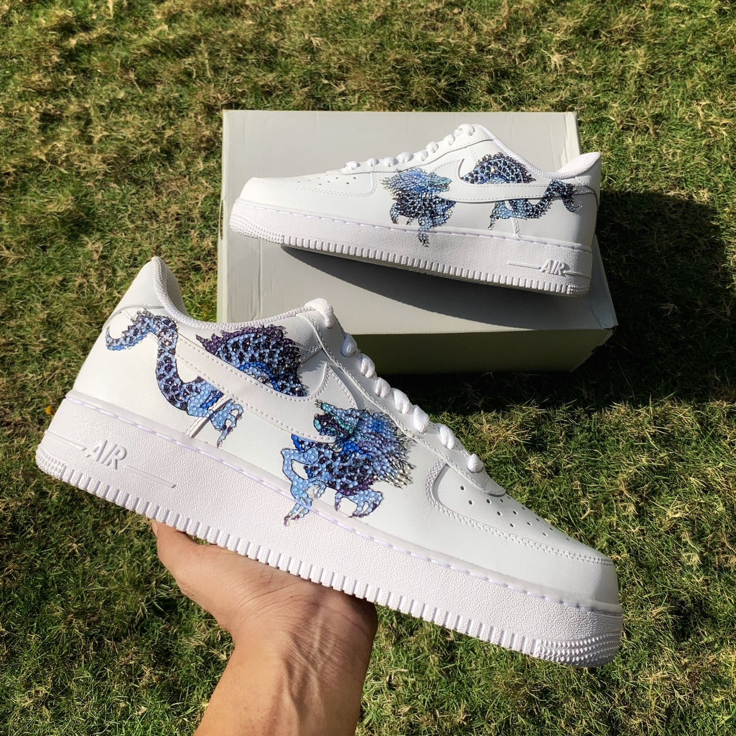 Custom Air Force 1 White Blue Dragon With Rhinestones