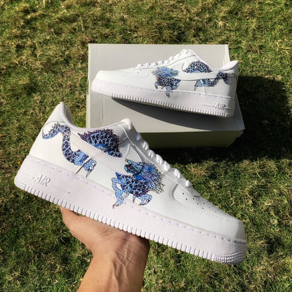 Custom Air Force 1 White Blue Dragon With Rhinestones