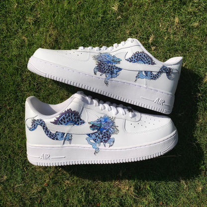 Custom Air Force 1 White Blue Dragon With Rhinestones