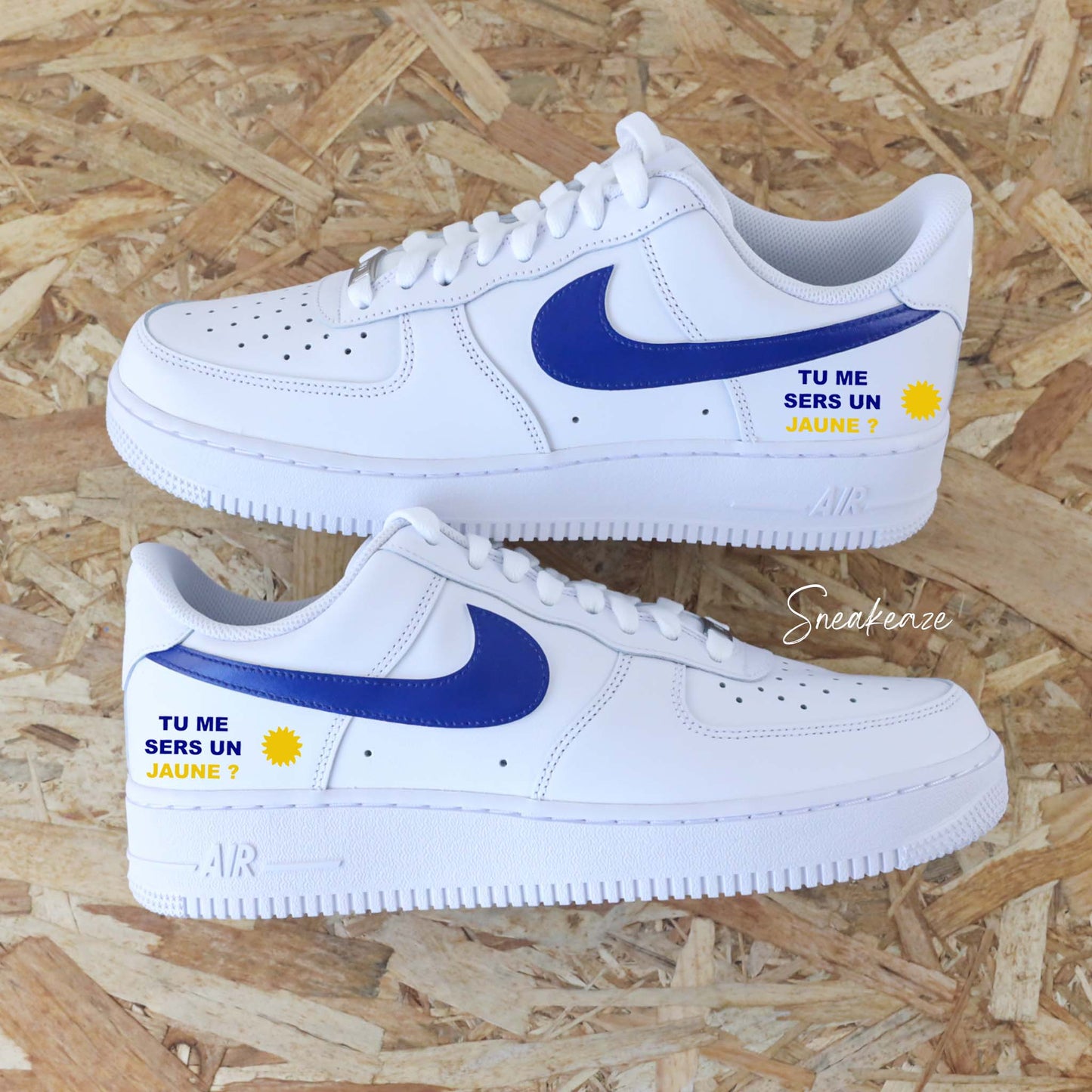Custom Air Force 1 White Blue French Text Sun Design