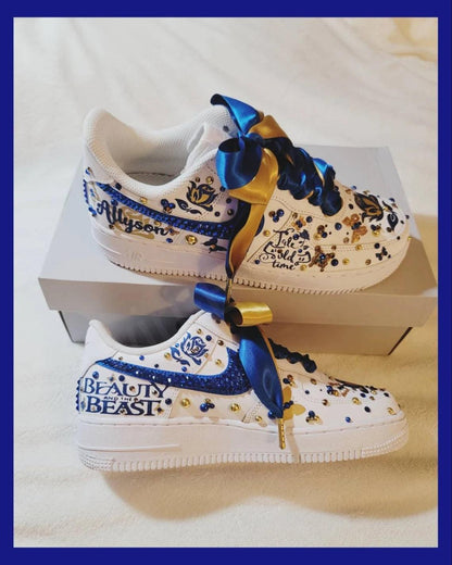 Custom Air Force 1 White Blue Gold Embellishments Beauty And The Beast Theme