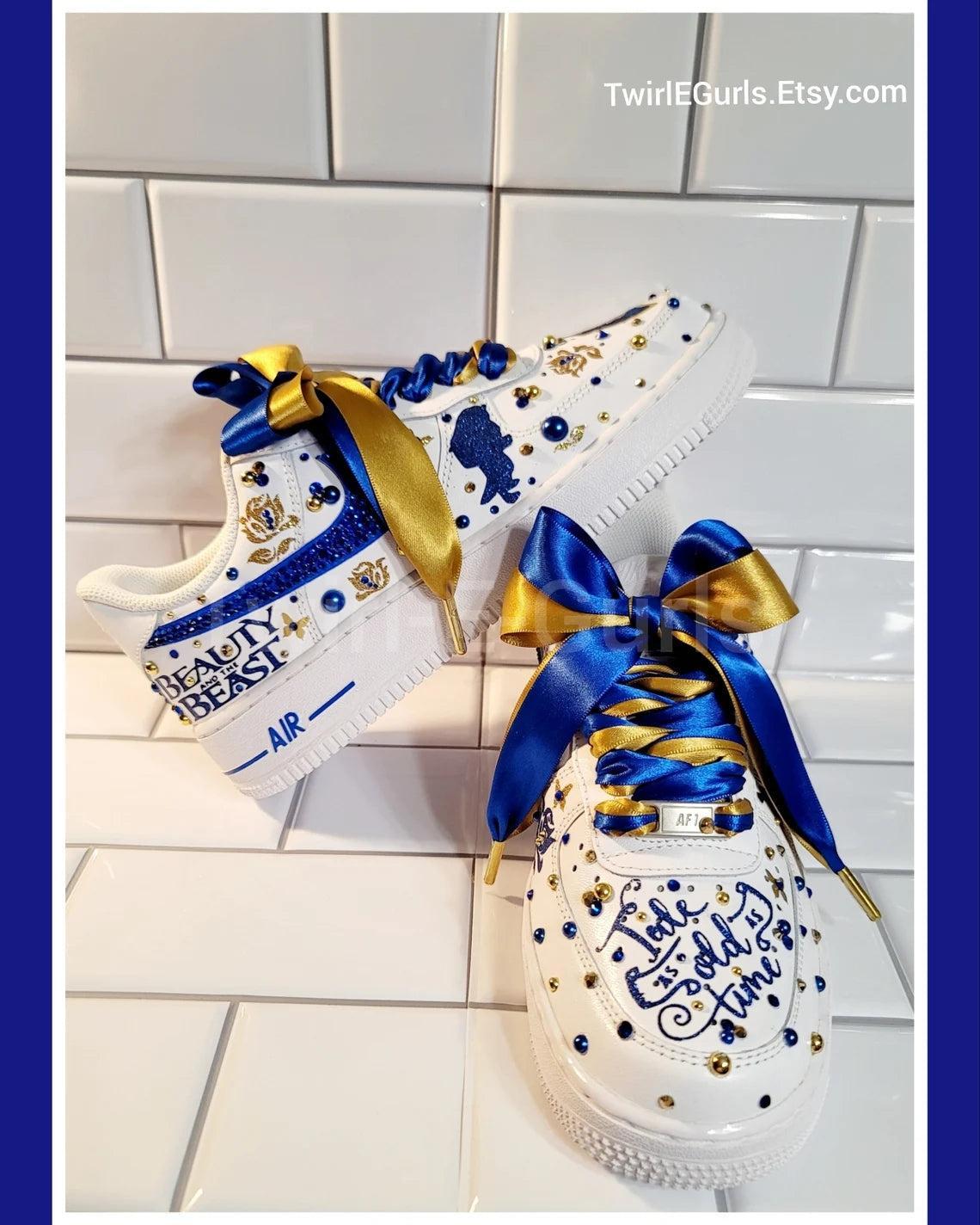 Custom Air Force 1 White Blue Gold Embellishments Beauty And The Beast Theme