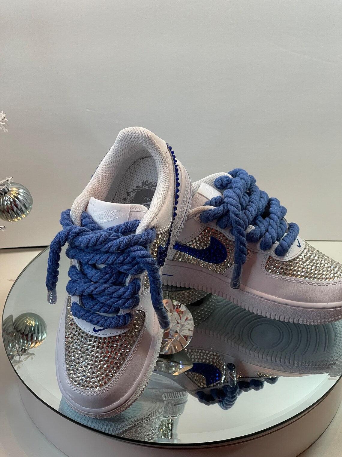 Custom Air Force 1 White Blue With Rhinestones And Thick Blue Laces
