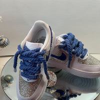 Custom Air Force 1 White Blue With Rhinestones And Thick Blue Laces