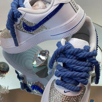 Custom Air Force 1 White Blue With Rhinestones And Thick Blue Laces