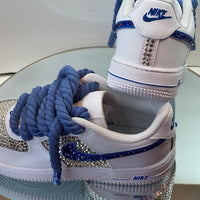 Custom Air Force 1 White Blue With Rhinestones And Thick Blue Laces