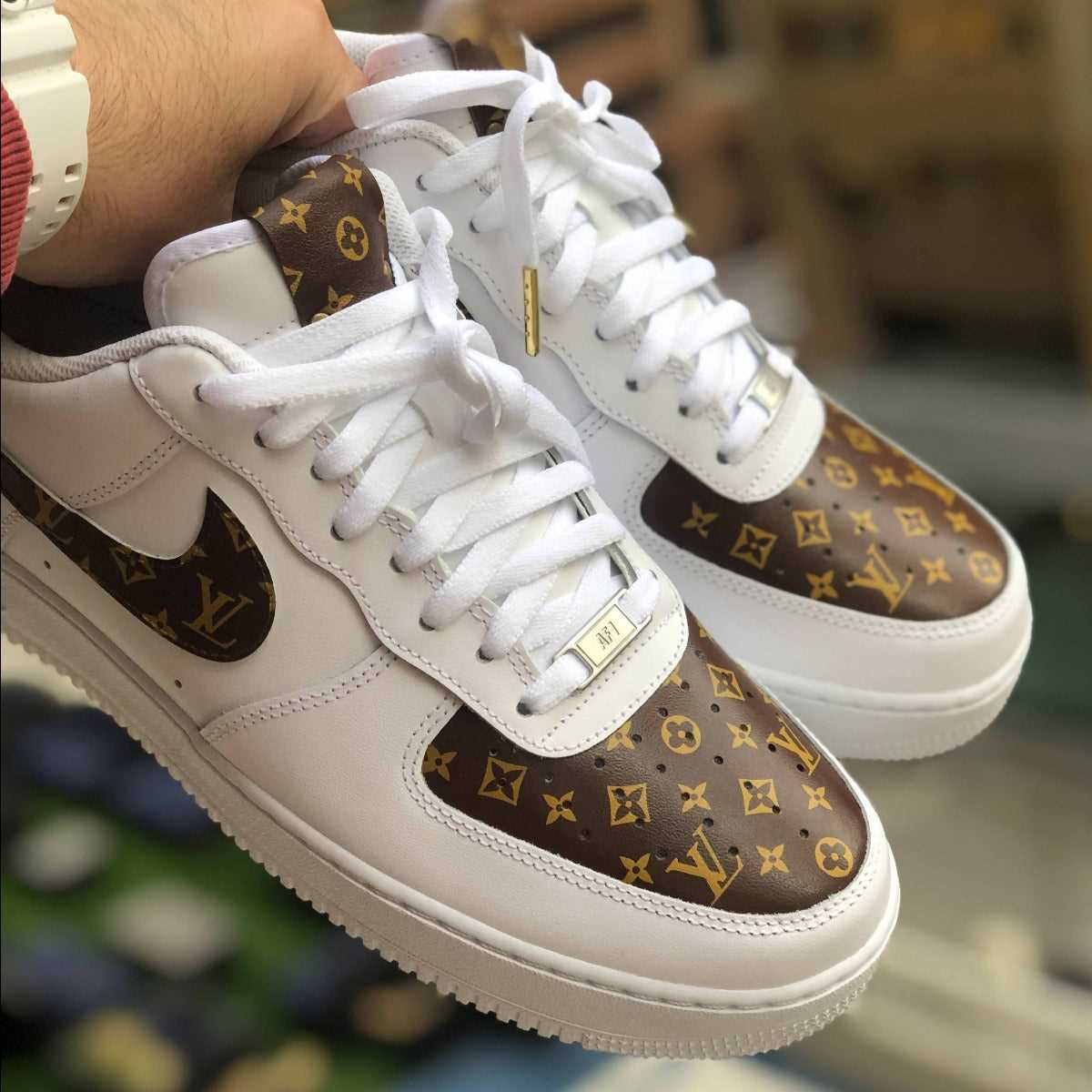 Custom Air Force 1 White Brown With LV Design And Tag