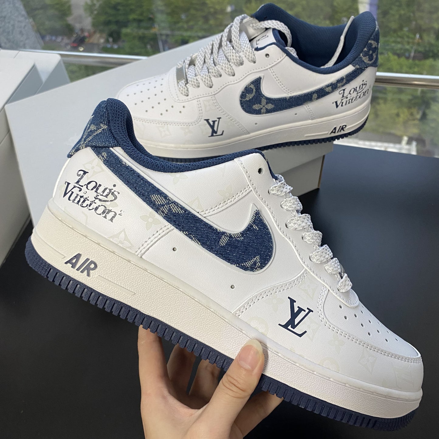 Custom Air Force 1 White Dark Blue With LV Pattern