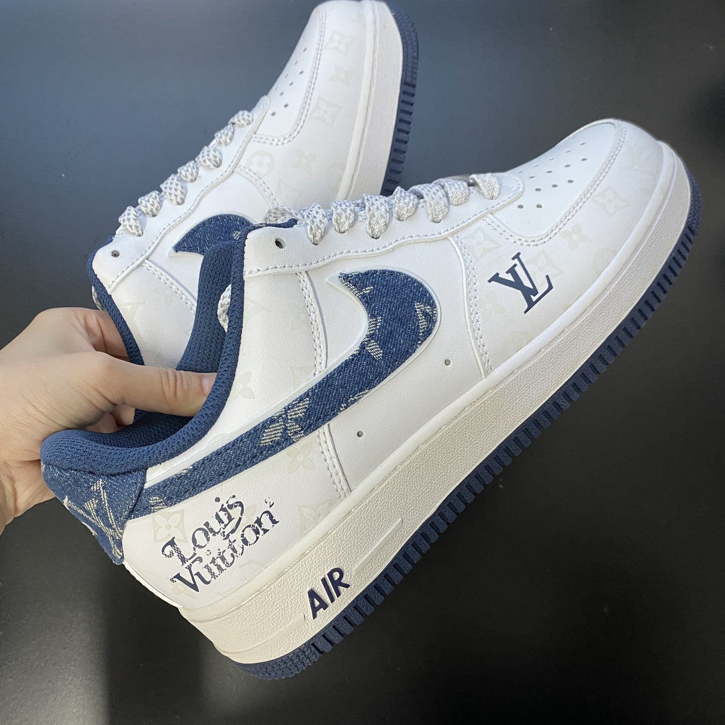 Custom Air Force 1 White Dark Blue With LV Pattern