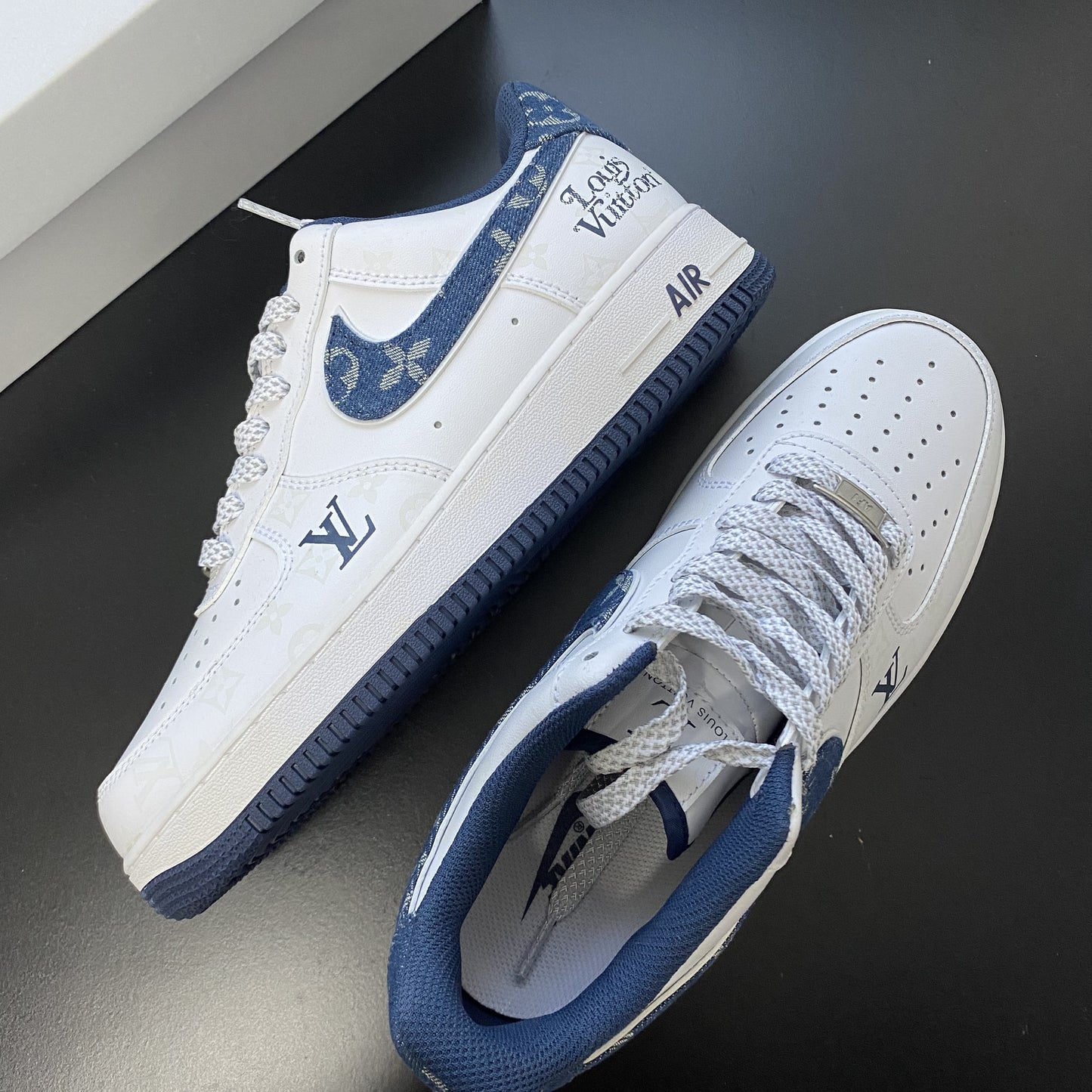 Custom Air Force 1 White Dark Blue With LV Pattern