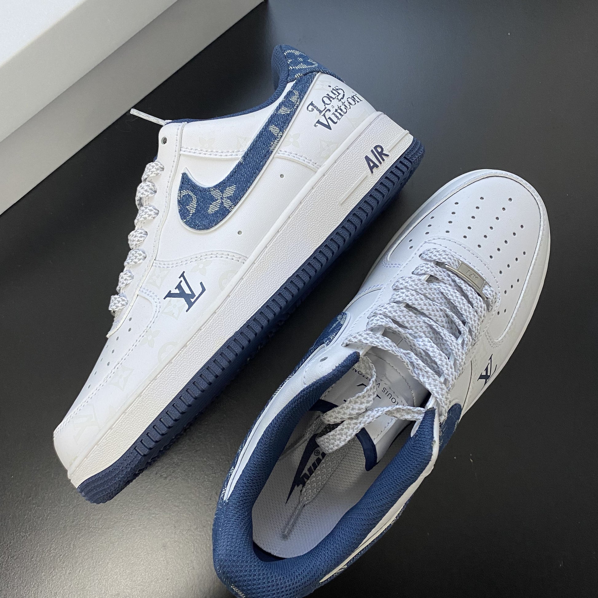 Custom Air Force 1 White Dark Blue With LV Pattern