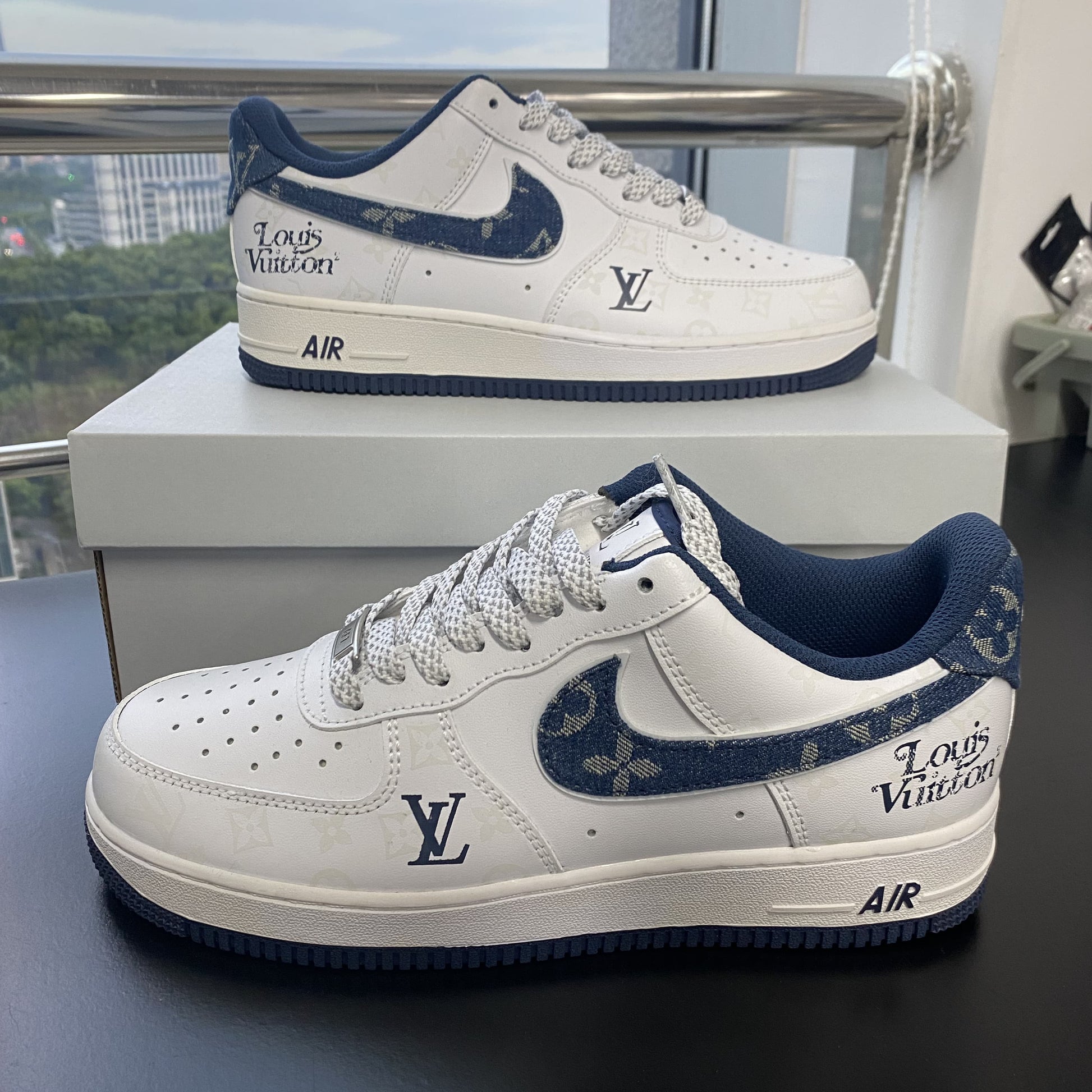 Custom Air Force 1 White Dark Blue With LV Pattern