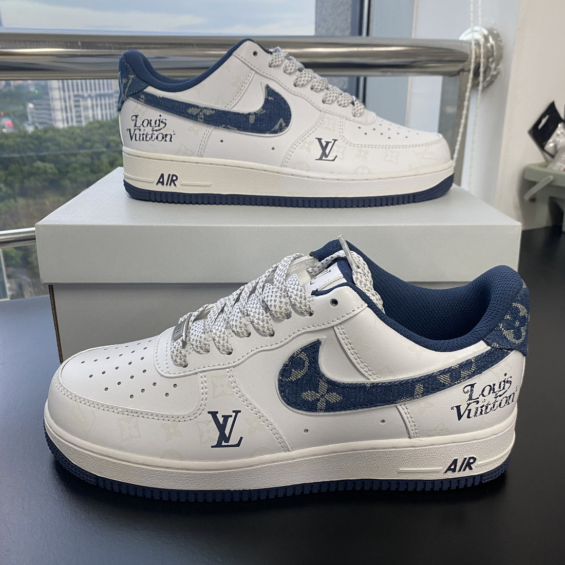 Custom Air Force 1 White Dark Blue With LV Pattern