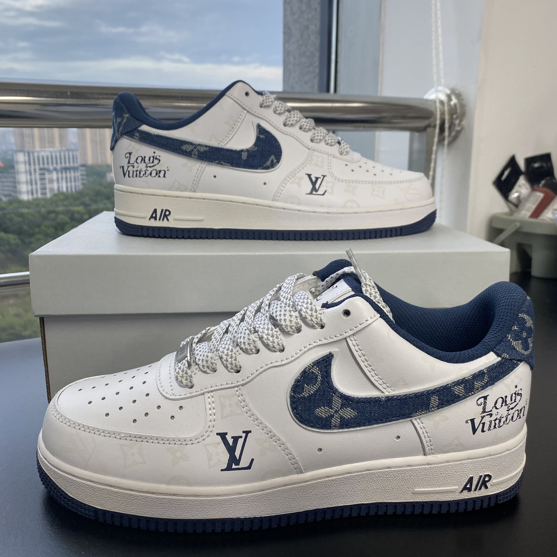 Custom Air Force 1 White Dark Blue With LV Pattern