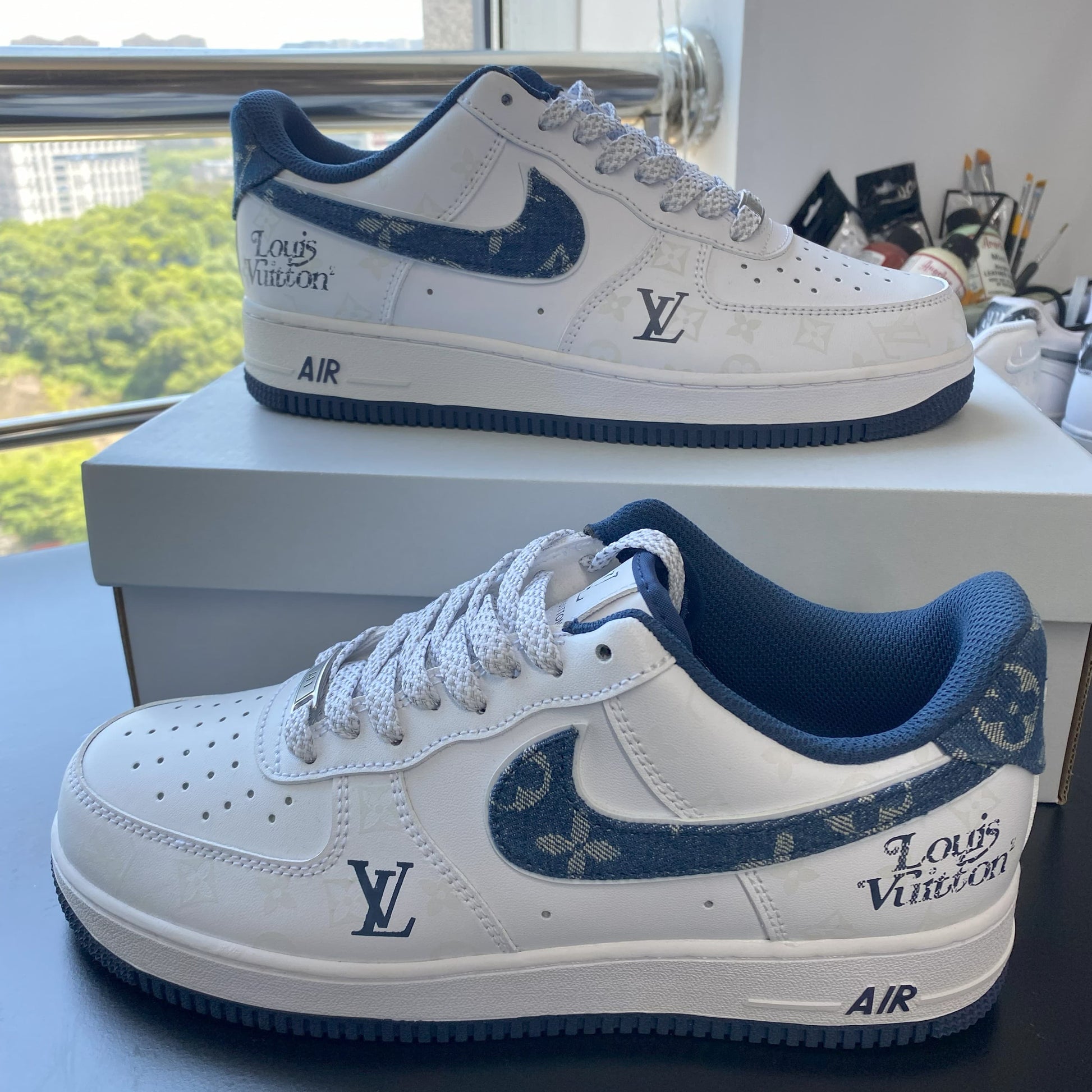 Custom Air Force 1 White Dark Blue With LV Pattern