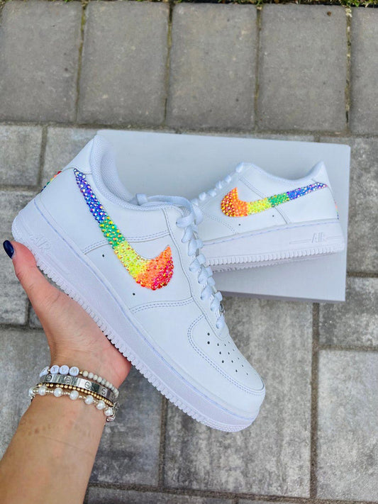 Custom Air Force 1 White Embellished With Rainbow Glitter Swoosh