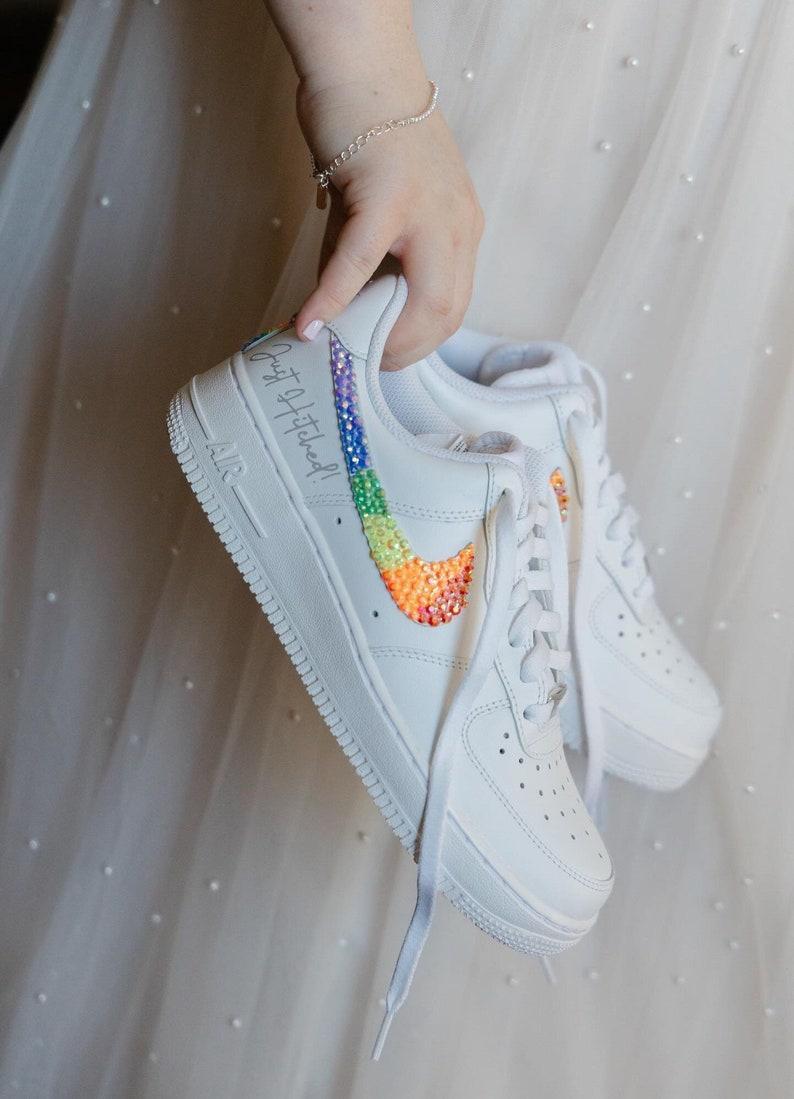 Custom Air Force 1 White Embellished With Rainbow Glitter Swoosh