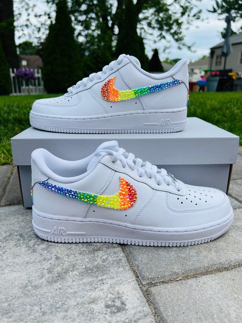 Custom Air Force 1 White Embellished With Rainbow Glitter Swoosh