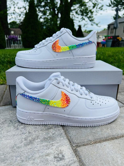 Custom Air Force 1 White Embellished With Rainbow Glitter Swoosh