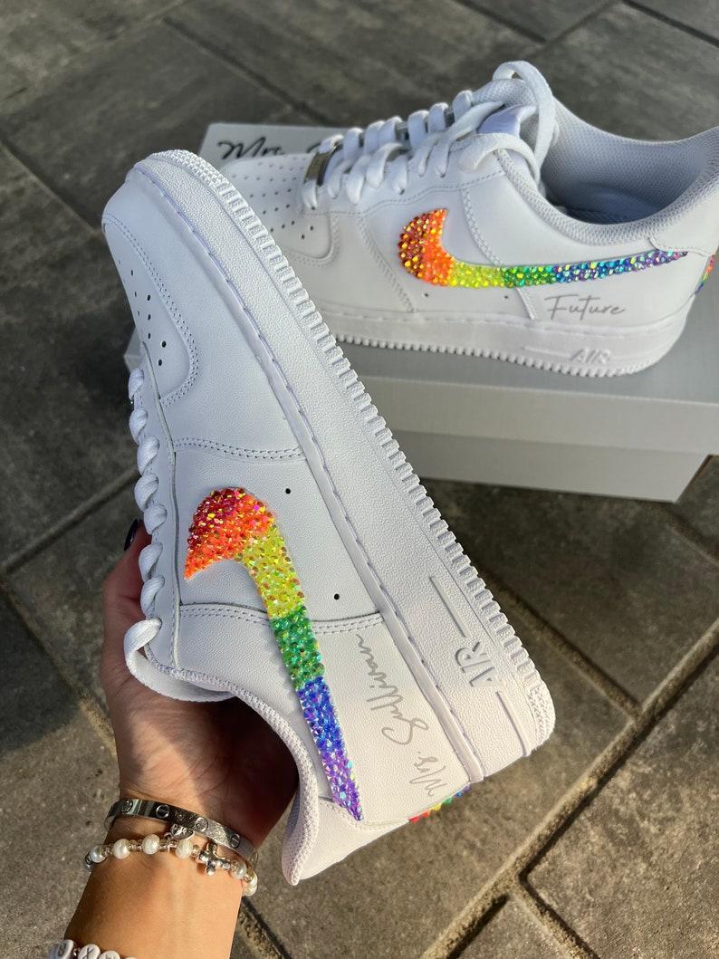 Custom Air Force 1 White Embellished With Rainbow Glitter Swoosh