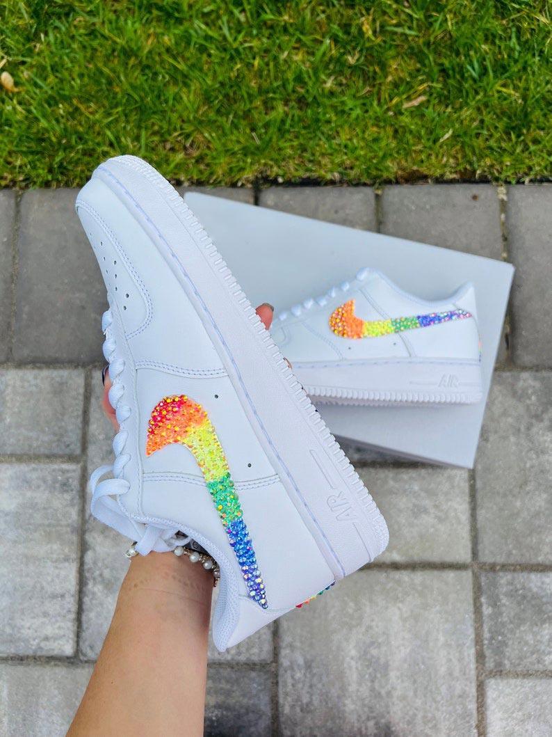 Custom Air Force 1 White Embellished With Rainbow Glitter Swoosh
