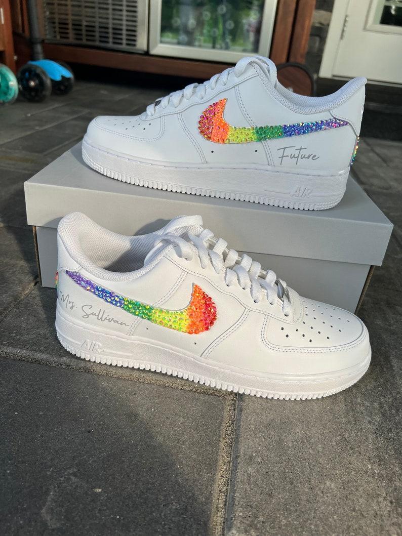 Custom Air Force 1 White Embellished With Rainbow Glitter Swoosh