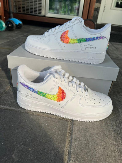 Custom Air Force 1 White Embellished With Rainbow Glitter Swoosh