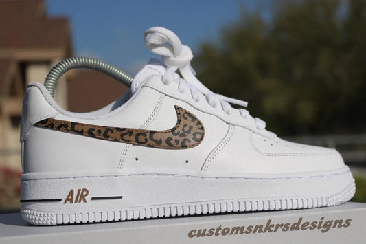 Custom Air Force 1 White Khaki Leopard Print Swoosh
