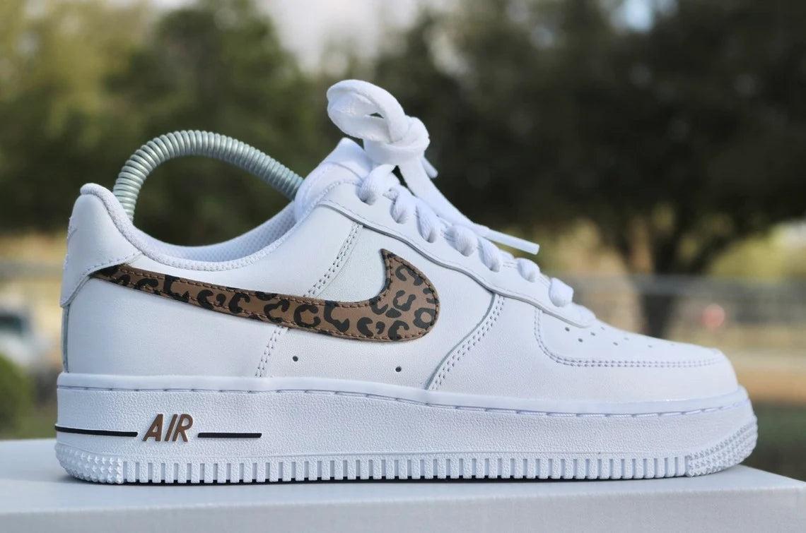 Custom Air Force 1 White Khaki Leopard Print Swoosh