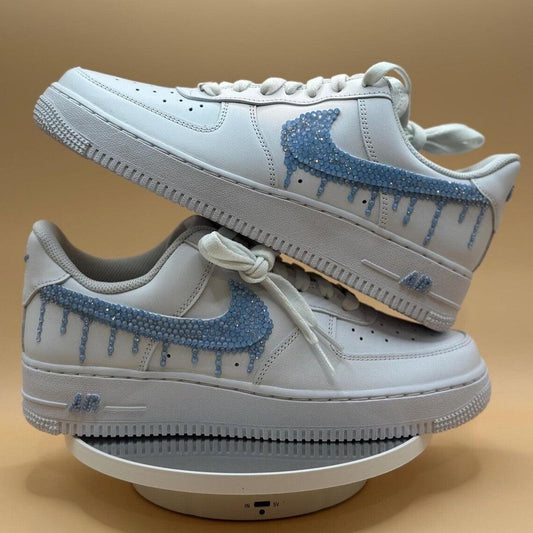 Custom Air Force 1 White Light Blue Dripping Rhinestones Swoosh