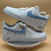Custom Air Force 1 White Light Blue Dripping Rhinestones Swoosh