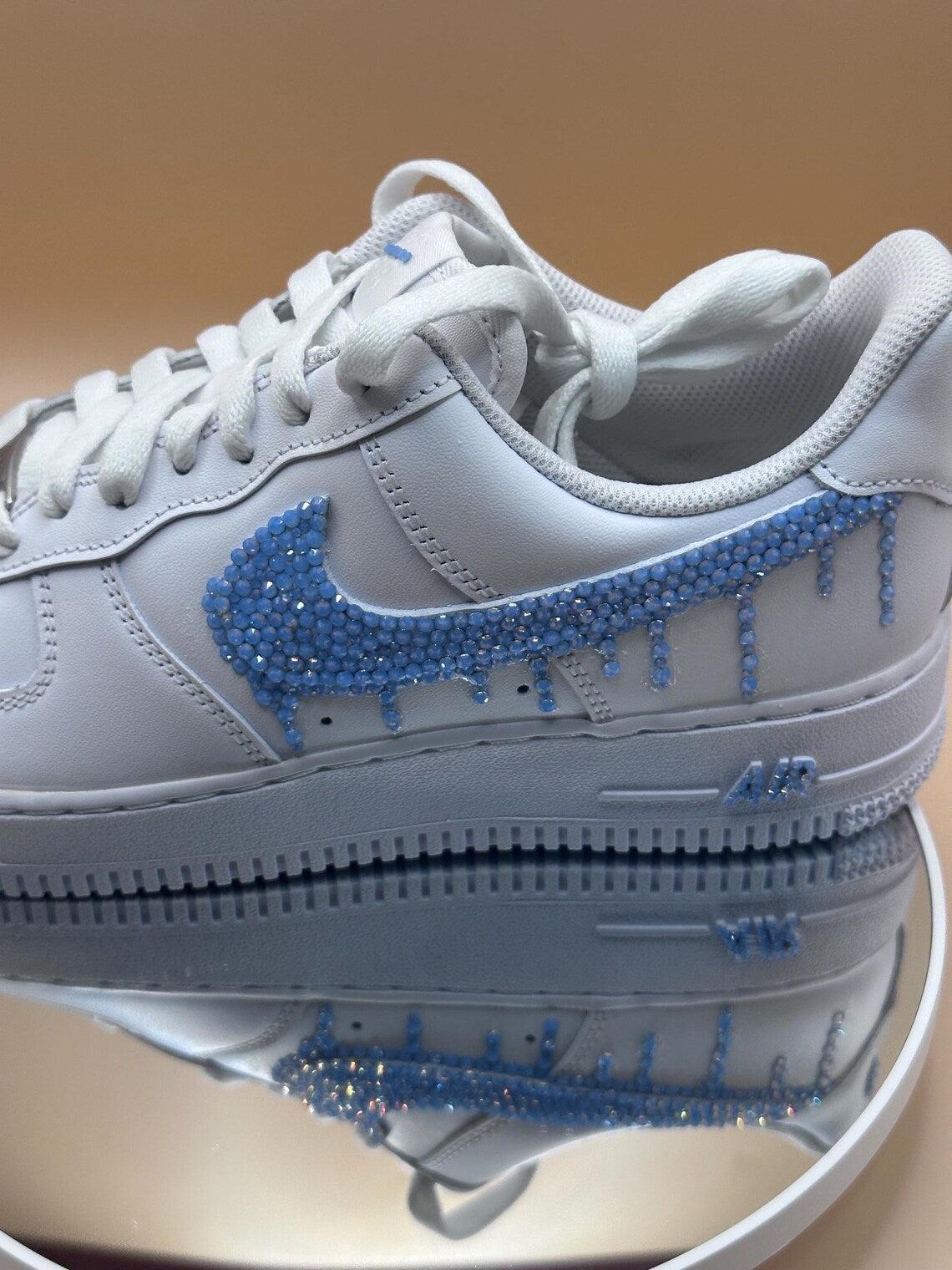 Custom Air Force 1 White Light Blue Dripping Rhinestones Swoosh