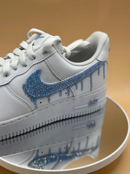 Custom Air Force 1 White Light Blue Dripping Rhinestones Swoosh
