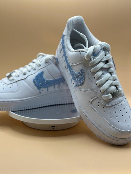 Custom Air Force 1 White Light Blue Dripping Rhinestones Swoosh
