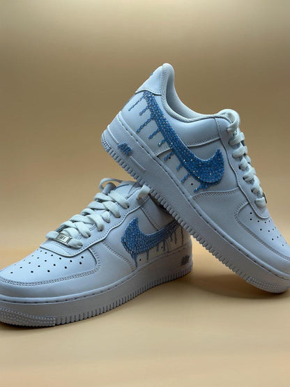 Custom Air Force 1 White Light Blue Dripping Rhinestones Swoosh