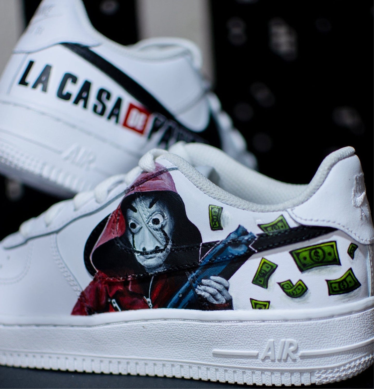 Custom Air Force 1 White Money Heist Character Pattern