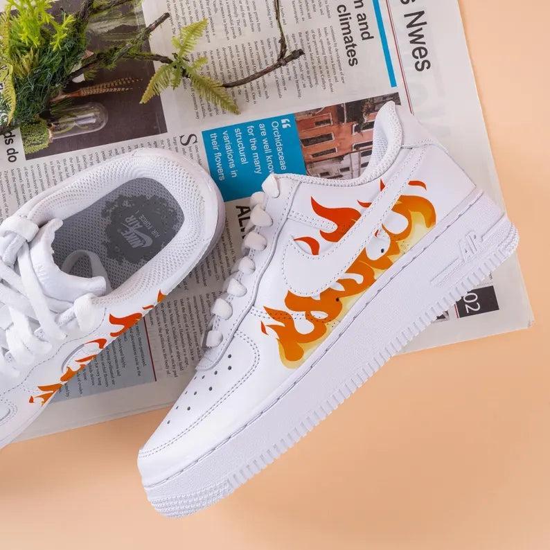 Custom Air Force 1 White Orange Flame Pattern
