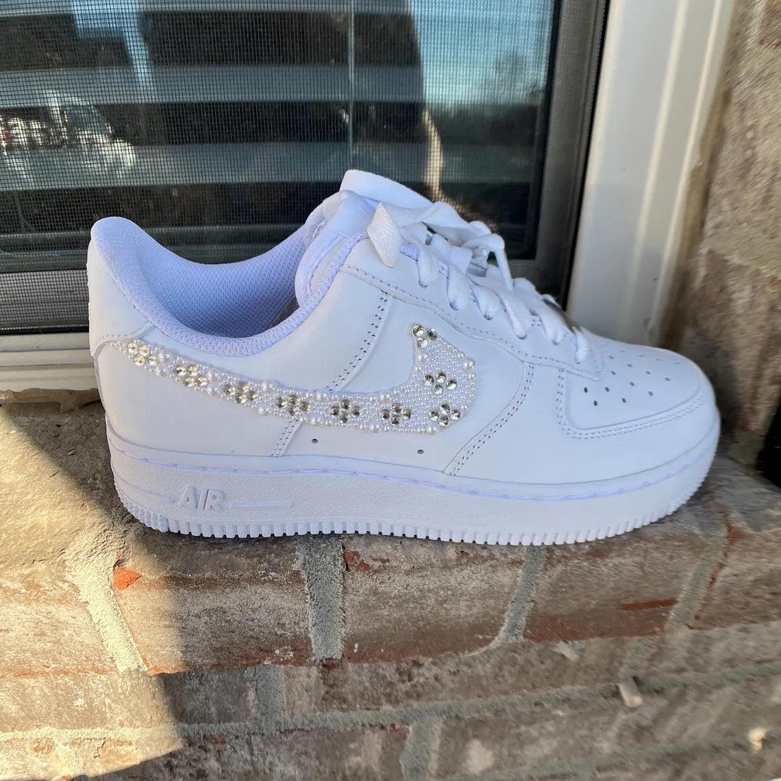 Custom Air Force 1 White Pearl And Rhinestone Swoosh