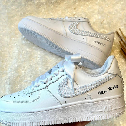 Custom Air Force 1 White Pearl Embellished with Satin Laces