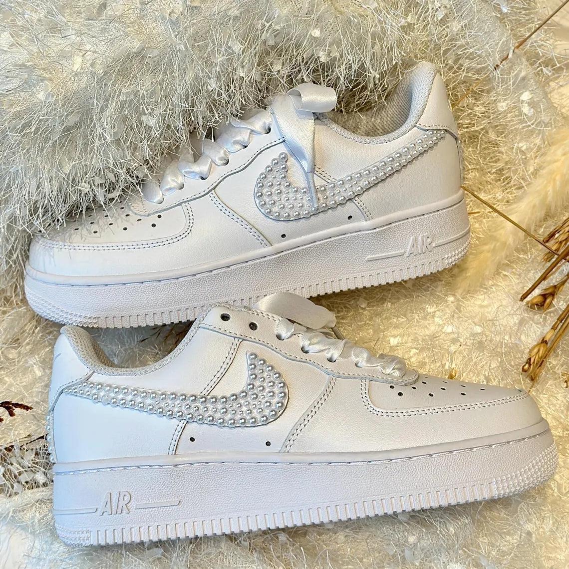 Custom Air Force 1 White Pearl Embellished with Satin Laces
