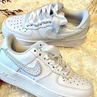 Custom Air Force 1 White Pearl Embellished with Satin Laces