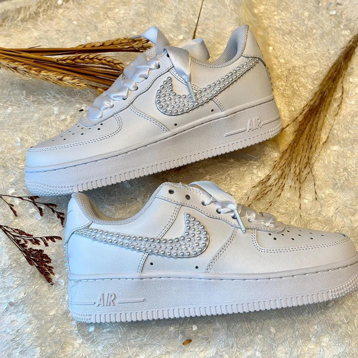 Custom Air Force 1 White Pearl Embellished with Satin Laces