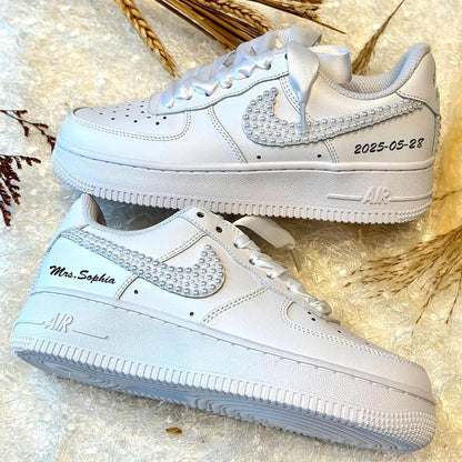 Custom Air Force 1 White Pearl Embellished with Satin Laces
