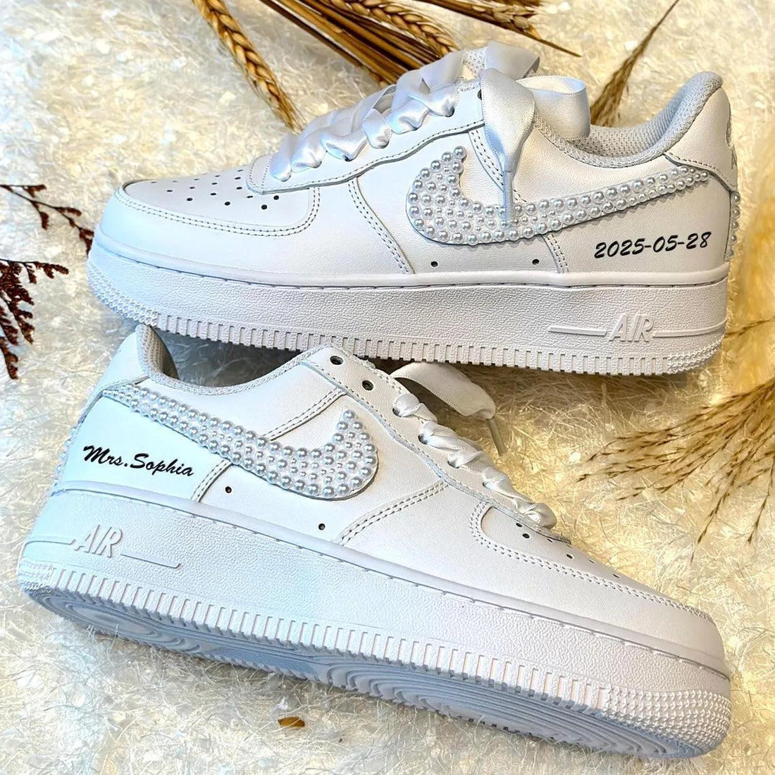 Custom Air Force 1 White Pearl Embellished with Satin Laces