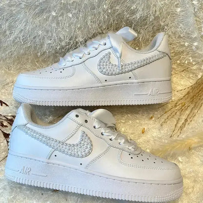 Custom Air Force 1 White Pearl Embellished with Satin Laces